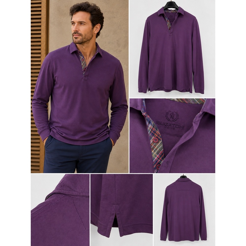 Bugatchi Uomo Mens Long Sleeve Polo Shirt Purple Plaid Trim Size Large